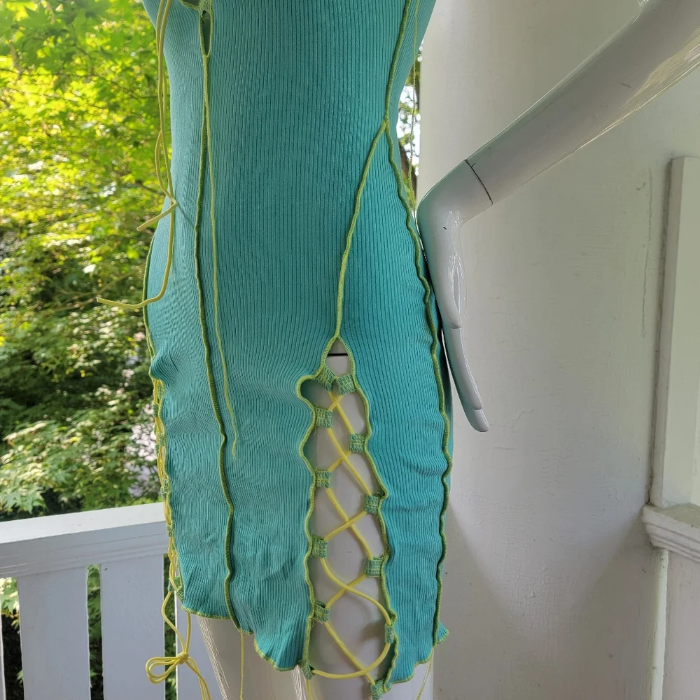 Sleeveless Aqua Lace-Up Bodycon Dress S
